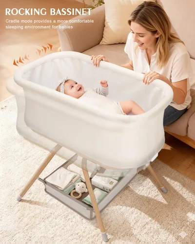 Miniatura 3 de Cuna de bebé 3 en 1, moisés mecedora para bebé con diseño de malla y colchón suave, moisés para recién nacido, nido portátil con cesta de Beige