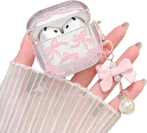 Miniatura 13 de MINSCOSE Funda para AirPods Pro de 2ª/1ª generación, diseño de corazón con lazo de cinta femenina con bonito llavero de perla, funda protectora