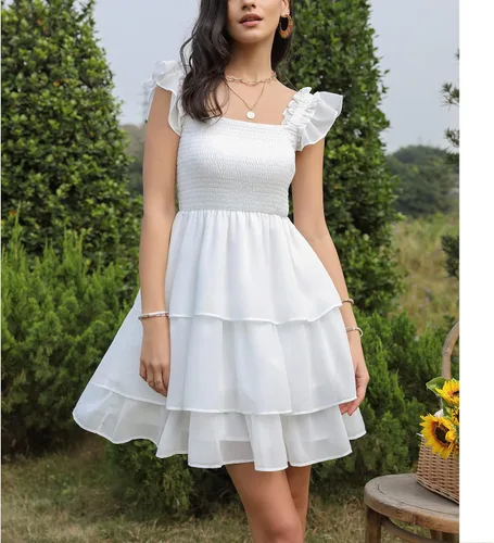 Miniatura 5 de Byinns Vestido corto sin mangas con cuello cuadrado para mujer, cintura alta, espalda descubierta, escalonado, tirantes fruncidos, casual, corto