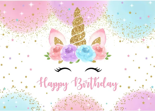 Miniatura 9 de Telón de fondo de unicornio arcoíris de 5 x 3 pies, decoraciones de fiesta de feliz cumpleaños para niñas, acuarela, floral, estrellas, lunares
