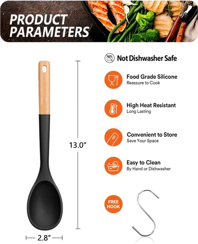 Miniatura 2 de Cucharas de cocina grandes de silicona, cuchara antiadherente con mango de madera maciza, cucharas de cocina de silicona resistentes al calor