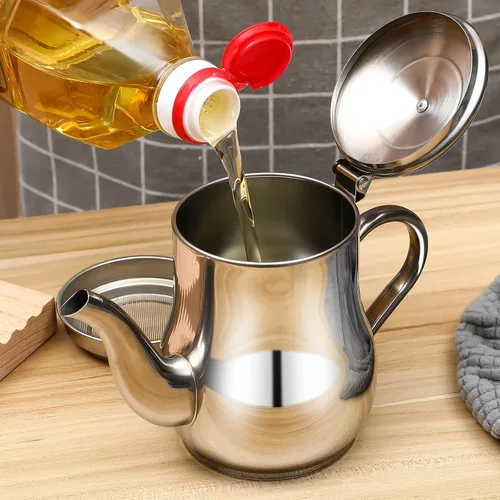 Miniatura 7 de Yardwe Olla de filtro de aceite de acero inoxidable con filtro de malla fina y tapa, contenedor de grasa de 18 onzas para almacenamiento y colado