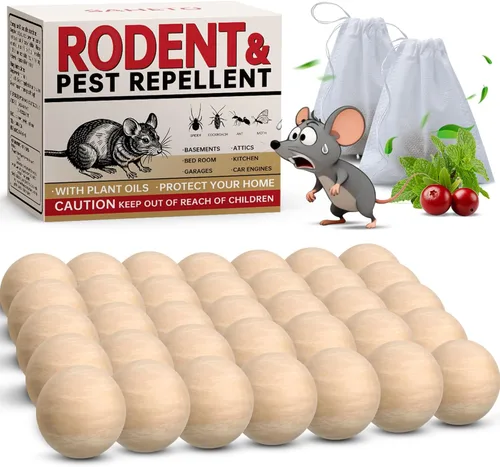 Repelente de ratones, 36 bolas, repelente de roedores de menta para uso en interiores y exteriores, disuasorio seguro de ratones de larga duración,