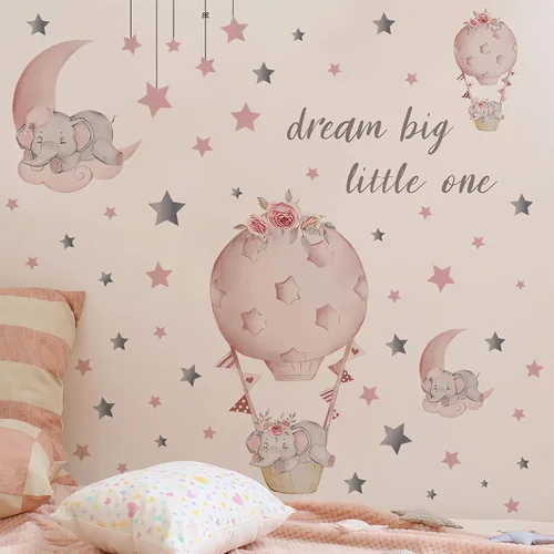 Miniatura 5 de Adhesivo de pared grande con diseño de elefante y elefante rosa durmiendo, sacinora Moon and Stars, vinilo extraíble para niños, guardería