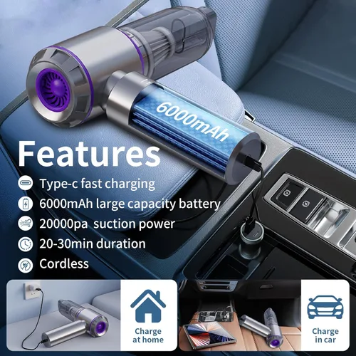 Miniatura 4 de NWDEY Aspiradora de coche de alta potencia 20000Pa - Mini aspiradora de mano inalámbrica y plumero de aire para coche y escritorio, hogar, oficina