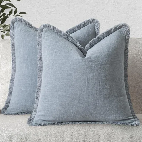 Miniatura 27 de MIULEE Juego de 2 fundas de almohada decorativas de lino neutro con flecos, fundas de cojín de estilo bohemio con borlas para sofá, cama, sala