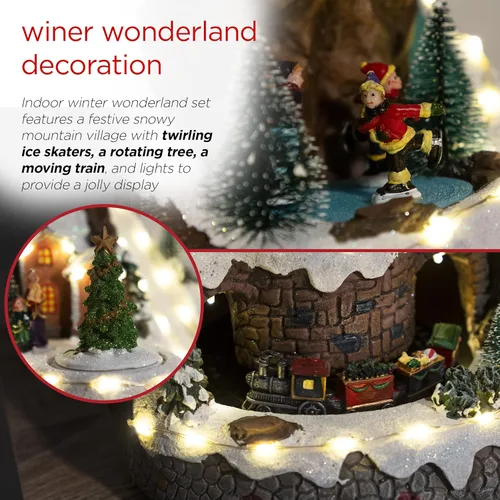 Miniatura 6 de Alpine Corporation Juego animado de invierno de 18 pulgadas de alto con 75 luces LED, música, tren móvil, decoración navideña de mesa Pueblo