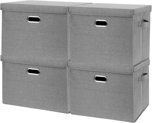 Miniatura 15 de SNWDN Paquete de 3 contenedores plegables de tela con tapas, caja de almacenamiento de tela con tapas para uso doméstico y de oficina