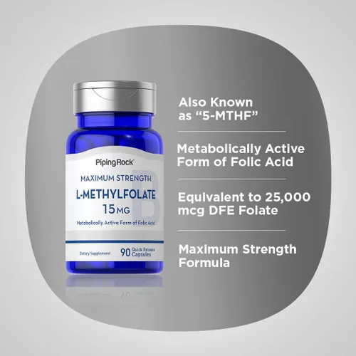 Miniatura 4 de Piping Rock L Metilfolato 15 mg 90 cápsulas Potencia máxima Suplemento activo de ácido fólico Sin OMG, sin gluten