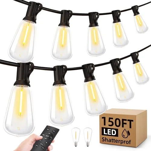 Miniatura 11 de MGVIH - Cadena de luces LED para exteriores de patio - 200 pies 60M luz impermeable exterior con control remoto regulable ST38 foco inastillable