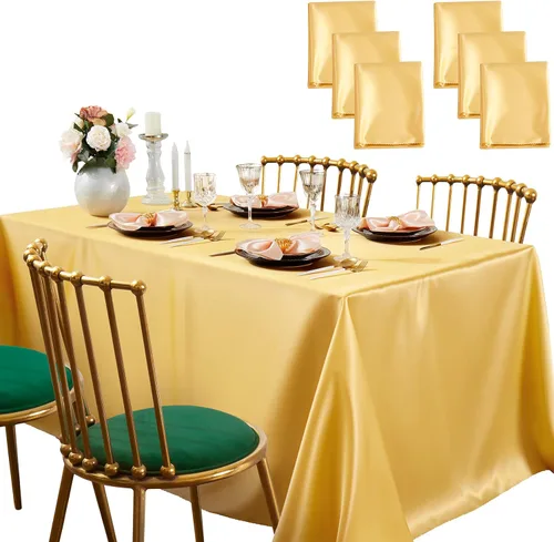 Miniatura 10 de SiinvdaBZX Paquete de 4 manteles de satén dorado de 108 x 54 pulgadas, manteles de comedor suaves y brillantes para mesa rectangular de 6 pies