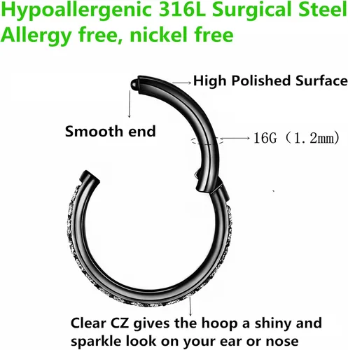 Miniatura 3 de Aretes de acero quirúrgico 316L con circonia cúbica transparente, para cartílago, concha, hélix, rook, tragus, lóbulo, piercing para el cuerpo