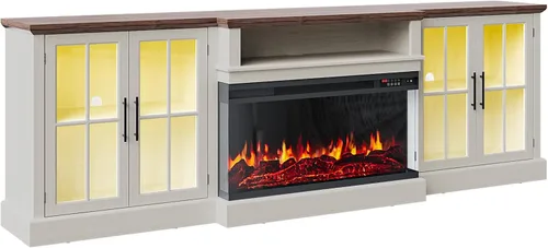 Miniatura 7 de Mueble de TV de estilo granja de 98" con chimenea de 36" para televisores de hasta 100", centro de entretenimiento multimedia con estantes Blanco