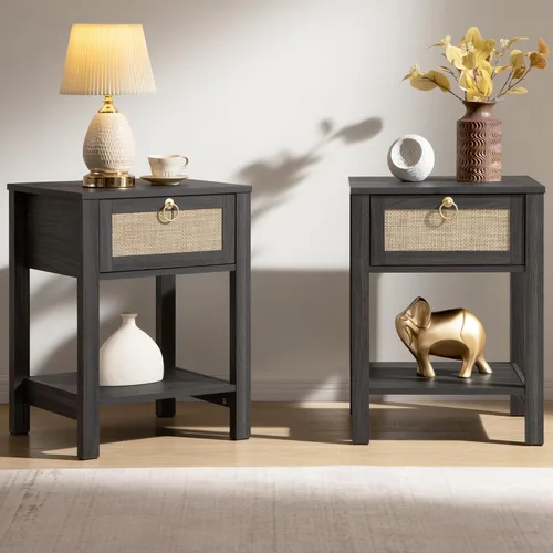 Miniatura 12 de SICOTAS Mesita de noche de ratán, cajón decorativo de ratán con perillas de latón, mesita de noche, mesa auxiliar bohemia con estante