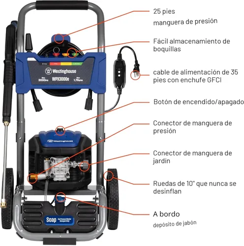 Miniatura 4 de Lavadora a presión eléctrica Westinghouse WPX3000e, 3000 Max PSI y 1.76 Max GPM, motor de inducción, tanque de jabón a bordo, pistola