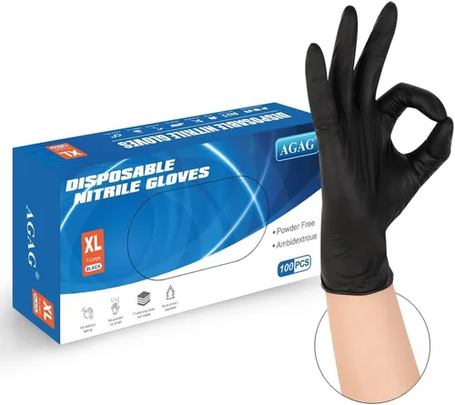 AGAG Guantes de nitrilo, guantes de cocina negros, 100 unidades, guantes de limpieza ultra fuertes de 5 mil, sin polvo ni látex, para uso diario