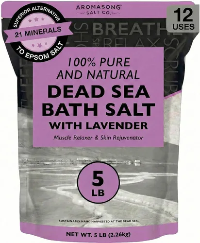 Aromasong Sal pura del mar muerto para remojar con lavanda 100% natural, 5 libras, sal de baño de spa de grano fino, exfoliante de lavado corporal,