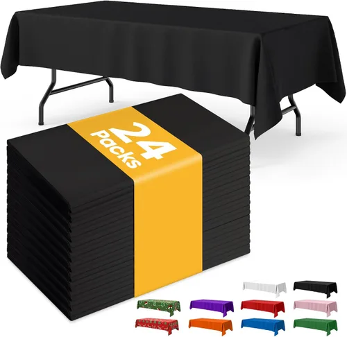 Niuara Mantel de plástico negro, paquete de 24 manteles rectangulares desechables de 54 x 108 pulgadas para mesas de 6 pies, mantel impermeable para