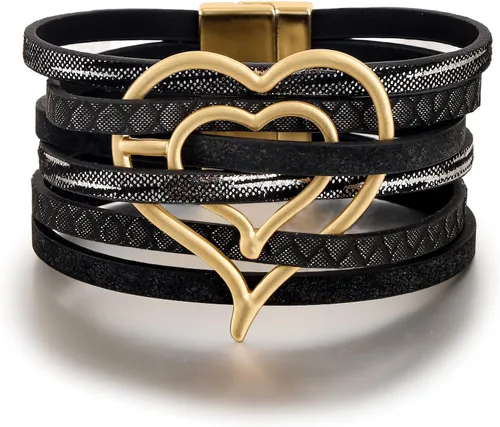 Miniatura 16 de Edoneery - Pulsera envolvente de cuero para mujer, brazalete de puño de múltiples capas hecho a mano estilo bohemio con cuentas de cristal