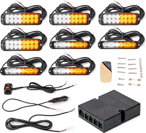 Miniatura 8 de Kit de 8 luces estroboscópicas LED ámbar y blancas de 8 LED y 16 LED, función de sincronización, ultra delgadas, luz de emergencia, advertencia