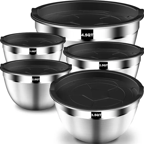 DUTZUN Stainless Steel Mixing Bowls with Airtight Lids Set of 5, Black | Best Kitchen Gifts for Mixing, Baking, Prep, Salads, Serving, Cooking