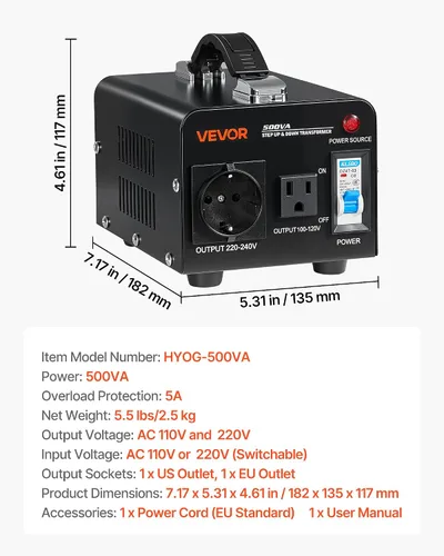 Miniatura 7 de VEVOR Transformador convertidor de voltaje, 500 VA, transformador de potencia elevador/abajo de servicio pesado, convertir de 110 V a 220 V y 220 V