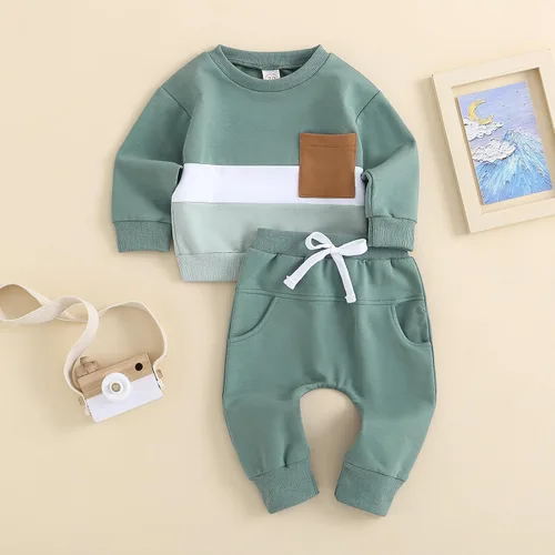 Miniatura 2 de BeQeuewll Ropa para bebé niño de otoño e invierno, 2 piezas, bloque de color, sudadera y pantalones con cuello redondo