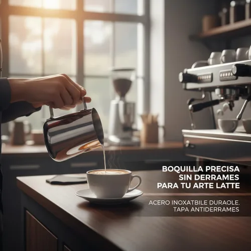 Miniatura 6 de Jarra de espuma de leche de acero inoxidable con tapa, 11.8 fl oz, boquilla para arte de café con leche