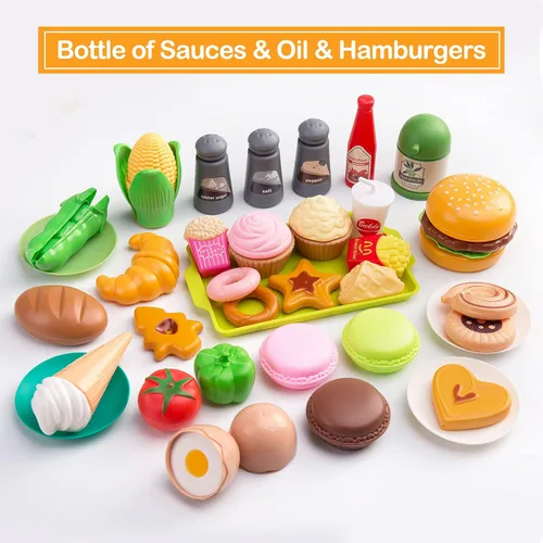 Miniatura 5 de Juego de cocina de 130 piezas, ollas de juego de cocina para niños, sartenes, utensilios de cocina, alimentos diarios, frutas y verduras, cesta