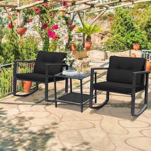 Miniatura 7 de DORTALA Juego de muebles de patio de 3 piezas, mecedora de ratán y mesa de centro de cristal con cojines, juego de 3 muebles de mimbre para Negro