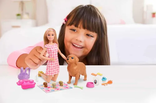 Miniatura 2 de Barbie Juego de muñecas y mascotas, color rubio con mamá perro, 3 cachorros recién nacidos con función de cambio de color y accesorios para mascotas