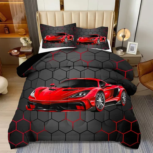 Miniatura 8 de Juego de Ropa de Cama Individual para Niños con Coches de Carrera, Juego de Edredón de Tamaño Individual con Coche Deportivo Azul para Niños, Juego