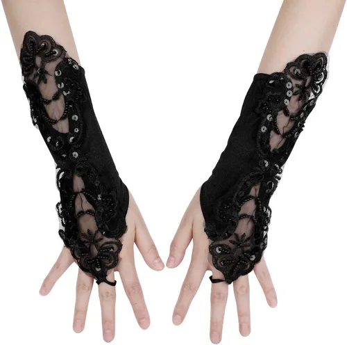 Miniatura 3 de HAOZAIKEJI - Guantes de encaje floral sin dedos, guantes de novia con lentejuelas para mujer, ropa de mano, boda, graduación, fiesta, mitón vintage