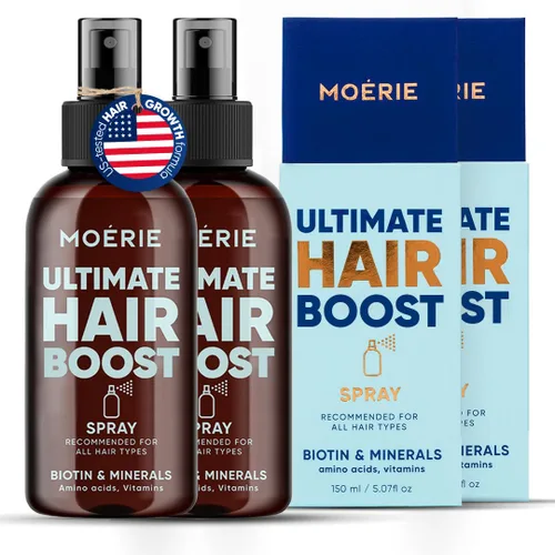 Moerie Ultimate Hair Boost Spray diseñado para fortalecer el cabello y restaurar la salud del cuero cabelludo, suero 100% natural para el cabello