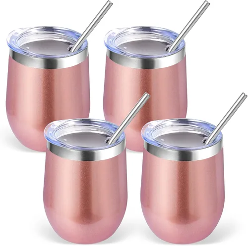 Miniatura 46 de Volhoply - Juego de 12 vasos de vino de 12 onzas con tapa, hechos de acero inoxidable con aislamiento al vacío de doble pared, vasos de vino sin Rosa