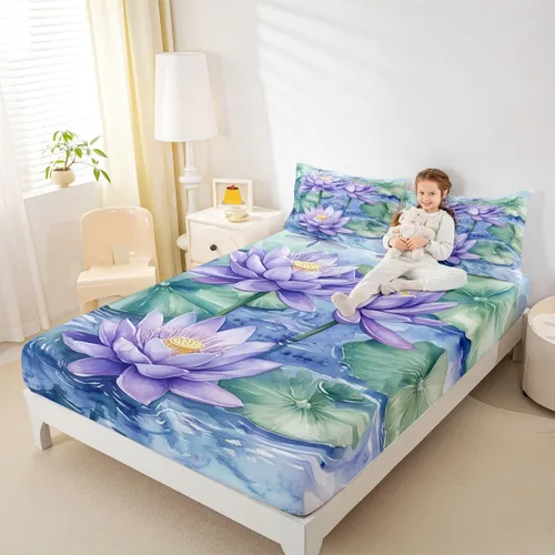 Miniatura 3 de Manfei Sábana bajera ajustable de flor de loto morado, tamaño individual, juego de ropa de cama bohemio de libélula de 2 piezas para niños, niñas