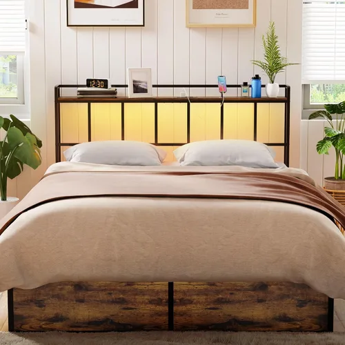 Miniatura 2 de LAKEMID Cabecera tamaño Queen, cabeceros con luz LED, salidas y puertos USB, cabecera con estante de almacenamiento, cabecera resistente y estable