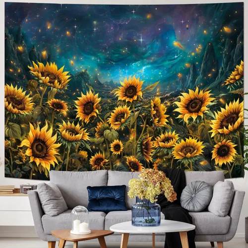 Miniatura 2 de Heynvioo Tapiz de girasol, galaxia, espacio, otoño, amarillo, floral, plantas, tapices, cielo estrellado, montaña, naturaleza, tapices para colgar