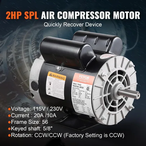 Miniatura 2 de VEVOR Motor Eléctrico de Compresor de Aire de 2 HP, 115/230V, 20/10 Amperios, Marco 56 3450 RPM, Eje Claveado de 5/8 Pulgadas, Longitud de Eje