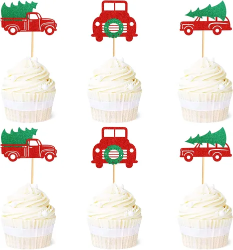 Miniatura 25 de Ercadio Paquete de 25 adornos para cupcakes de Papá Noel y elfo - Sombreros de Papá Noel con purpurina, sombreros de elfo, palillos para cupcakes