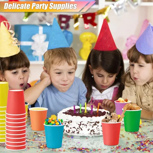 Miniatura 6 de KesaPlan 60 vasos de papel desechables de 9 onzas, vasos de plástico para fiestas, vasos de papel arcoíris, 6 colores para bebidas frías calientes