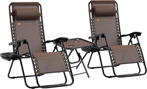 Miniatura 11 de Outsunny Juego de sillas Zero Gravity con mesa auxiliar, silla reclinable plegable con portavasos y almohadas, sillas ajustables para piscina, patio