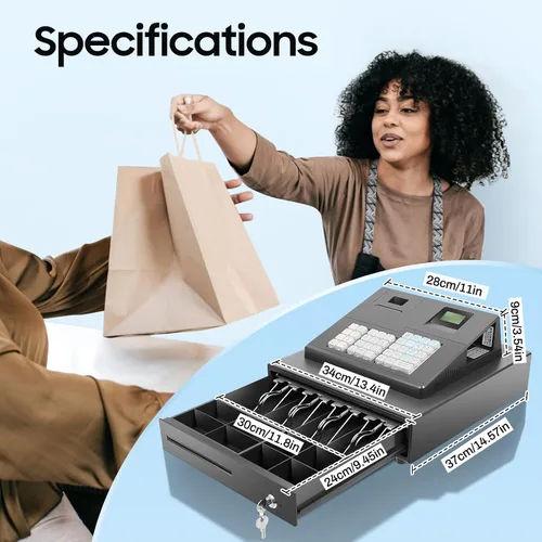 Miniatura 6 de Caja registradora pequeña de 39 llaves electrónica con cajón, caja registradora sin llave, impresión térmica rápida y silenciosa, pantalla de doble