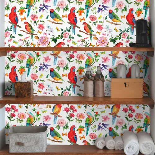 Miniatura 2 de Papel tapiz de 24 x 118 pulgadas de ancho, diseño floral de peonía y pájaro, papel tapiz de hojas de vinilo extraíble, autoadhesivo de mariposa