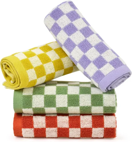 Jacquotha Paños de Lavado a Cuadros Paquete de 4, 4 Colores - Paños de Algodón para Cara y Cuerpo, 13 x 13 Pulgadas, Toallas de Limpieza Diaria para