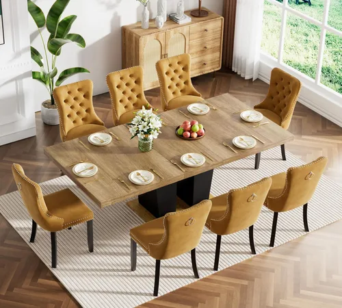 Miniatura 13 de Juego de mesa de comedor extensible marrón de 63 a 78.74 pulgadas para 4, juego de mesa de comedor de 5 piezas con 4 sillas, mesa de cocina