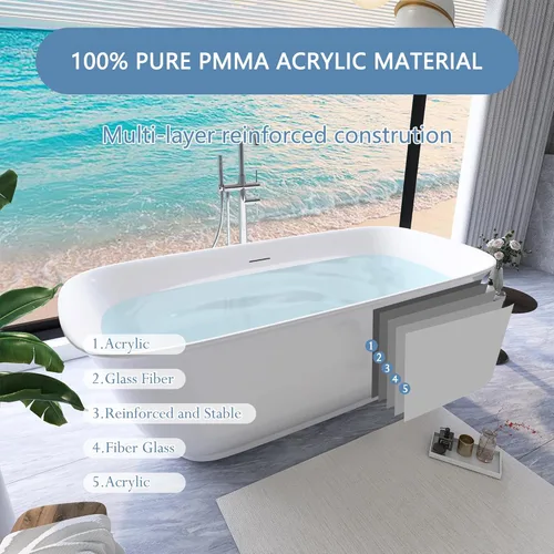 Miniatura 5 de Tina de 67" de pie, bañera independiente de acrílico puro, elegante bañera contemporánea de pie independiente con baño profundo, certificada cUPC