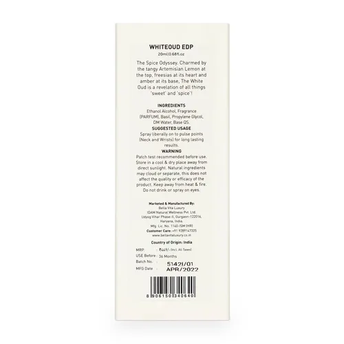 Miniatura 7 de Bellavita Luxury WHITE OUD Eau de Parfum 0.7 fl oz (0.7 onzas líquidas) Perfume de tamaño de viaje para hombres y mujeres Notas afrutadas