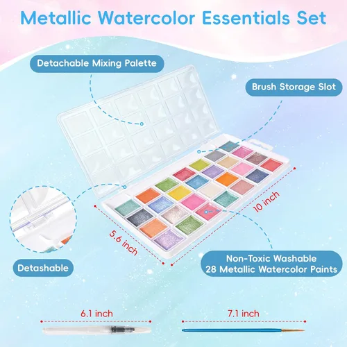 Miniatura 3 de Pintura de acuarela, 28 colores metálicos, lavable, juego de pintura de acuarela con un pincel, un bolígrafo y paleta de pincel de agua recargable