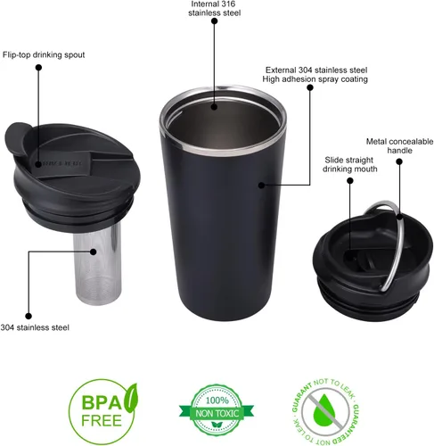 Miniatura 2 de GiNT Taza de viaje de 17 onzas con infusor y dos tapas. Taza de café de acero inoxidable 316 aislada al vacío. Taza apta para lavavajillas